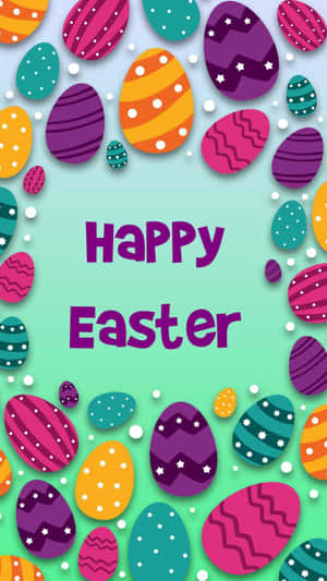 Happy Easter greeting with decorated eggs surrounding the text.