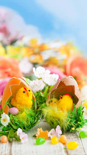 Två gula kycklingar som kläcks från ägg omgivna av blommor och godis på trä. — Söt Påsk iPhone Bakgrundsbilder
