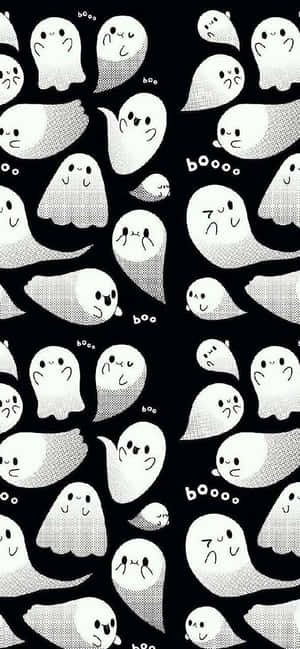 Cute cartoon ghosts with 'boo' text on a black dotted background. — Cute Ghost Wallpaper