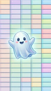 Spreadsheet with friendly ghost illustration