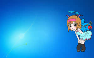 Cartoon-Mädchen mit blauen Flügeln und Heiligenschein, das einen Kürbis an einem Stock vor blauem Farbverlaufshintergrund hält. — Boho Mac Wallpaper