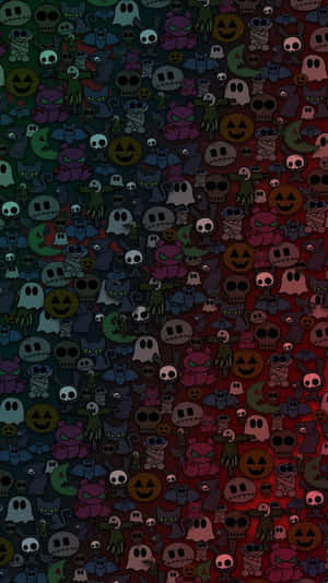Halloween-themed wallpaper with ghosts skulls pumpkins and mummies in a dark gradient.