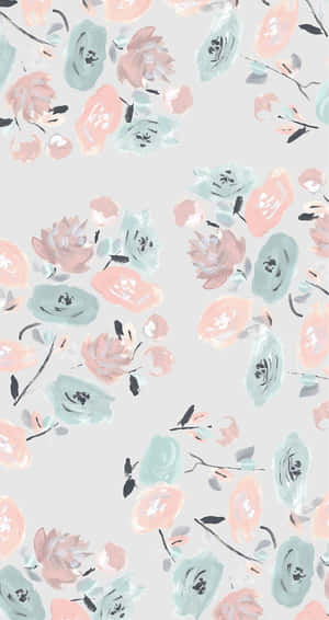 Pastel watercolor floral pattern with pink and mint blooms on light gray background.