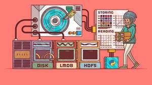 Cartoon programmer walking past data storage systems with Python logo — Database Wallpaper