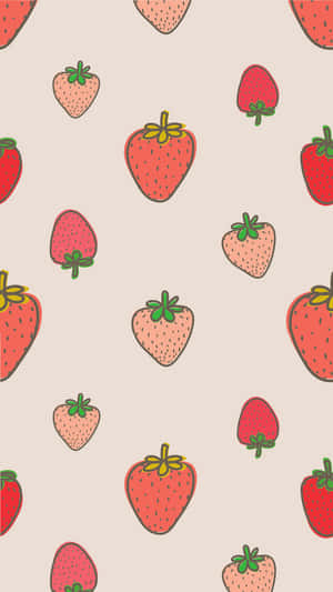 A wallpaper with a repeating pattern of illustrated strawberries in pastel tones.