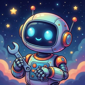 Wallpaper robot kartun lucu di bawah langit malam berbintang dengan warna-warna ceria.