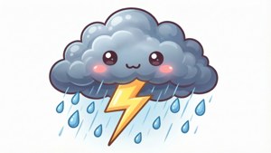 Kawaii cartoon lightning bolt from a storm cloud with raindrops.