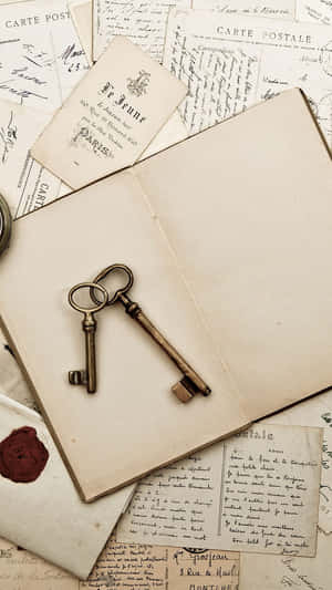 Two antique keys on an open journal amid vintage French postcards and handwritten letters. — Cute Vintage Picture