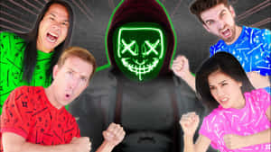 Four people with angry faces surround a glowing green masked figure.