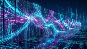 Een neonverlicht digitale achtergrond van een virtuele grensmuur met datastromen en firewalls