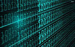 Teal gloeiende binaire code diagonaal stromend over een donkere digitale achtergrond.