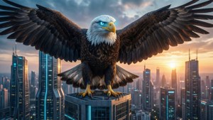 Un'aquila maestosa con occhi luminosi domina una città futuristica.