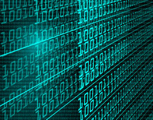 Código binário brilhante em teal fluindo diagonalmente sobre um fundo digital escuro.