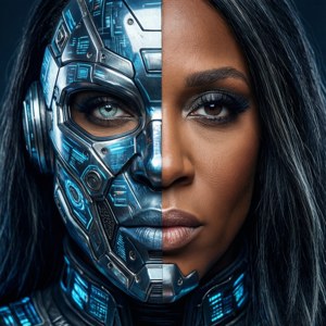 Halvt menneske, halvt robot portrett av Missy Elliott med en metallisk maske