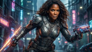 Halle Berry sebagai prajurit futuristik di kota cyberpunk.