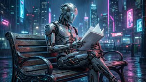 Wallpaper fiksi ilmiah tentang robot yang membaca buku di kota cyberpunk.