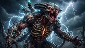 Cyberdemon brüllt unter einem Gewittersturm.