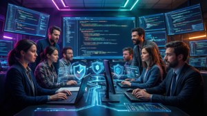 Een futuristische commandocentrumscène met een DevSecOps-team dat code en beveiligingssystemen bewaakt.