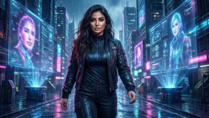 Jana Nayagan in una città futuristica cyberpunk con ologrammi e luci al neon