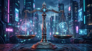 Futuristic cyberpunk Libra scales with holograms