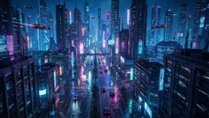 A night-time overview of a futuristic city with neon glows, for a modern sci-fi wallpaper