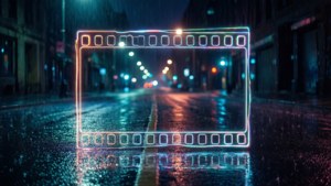 Un cadre de film néon sur une rue cyberpunk pluvieuse.