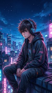 Ein Cyberpunk-4K-Anime-Junge mit Kopfhörern auf einem Dach um Mitternacht, Neon-Stadtlandschaft, Handy-Hintergrundbild.