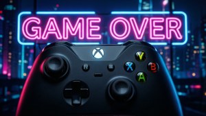 Controle Xbox com letreiro neon 'GAME OVER'.