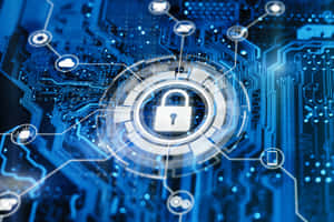 Eine blaue Leiterplatte mit einem leuchtenden holografischen Vorhängeschloss und digitalen Symbolen, die durch Linien verbunden sind. — Cyber Y2k Wallpaper