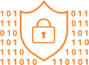 Orange shield with padlock surrounded by binary code on black background. — Cyber PNG