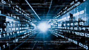 Digital tunnel med flytande kod och byggnader som glöder blått.