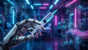 Mano robotica che tiene una siringa luminosa in un laboratorio high-tech con schermi olografici.