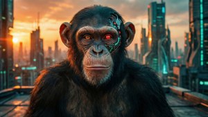 Verveelde aap met cybernetisch oog op een dak in een futuristische stad bij zonsondergang.