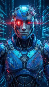 Cyborg kommer ut av digital datastrøm, cyberpunk neon-stil bakgrunn