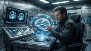 Noiz in un laboratorio futuristico che analizza dati olografici, stile fantascientifico clinico.