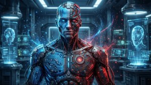 Wallpaper cyberpunk Cyborg dengan sirkuit bercahaya dan tampilan holografik di laboratorium berteknologi tinggi.