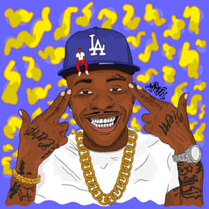 Cartoon man smiling with gold chain and tattoos against blue and yellow background. — Rapper Wallpaper