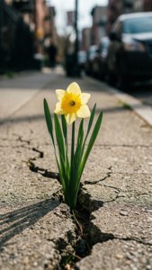 Inspirerende bilde av en påskelilje som vokser gjennom en betongsprekk, som symboliserer motstandskraft.