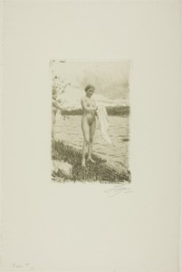 Dal River by Anders Zorn, created 1919, in Etching on ivory laid paper. Download this artwork as a high-resolution wallpaper for desktop, tablet, or mobile. — Anders Zorn Wallpaper