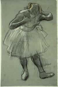 Dancer Bending Forward by Hilaire Germain Edgar Degas, created 1874/79, in Charcoal with stumping, heightened with white and yellow pastel with stumping, on blu — Hilaire Germain Edgar Degas Wallpaper