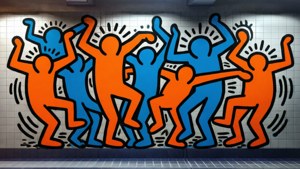 Figures dansantes de Keith Haring en orange et bleu sur carreau de métro, papier peint graffiti