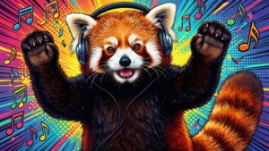 Meilin Lee som en röd panda som groovar till musik, full av energi och kul.