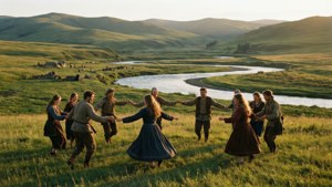 En pastoral scen med herdar som dansar i gyllene kvällsljus