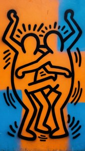 Una composizione vivace di figure danzanti con contorni audaci e blocchi vibranti arancioni e blu, che cattura l'energia caratteristica di Keith Haring.