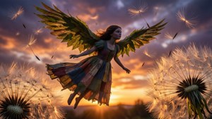 Fanny Skylark volando entre semillas gigantes de diente de león al atardecer, silueta mágica con alas de hoja.