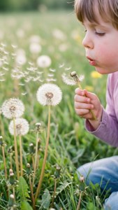 A dreamy kidcore scene of a child blowing dandelion seeds in a pastel field. — Kidcore Background