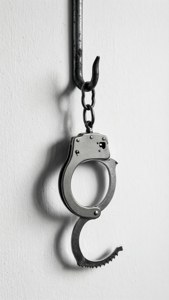 Minimalist handcuff hanging from a hook on a white wall.