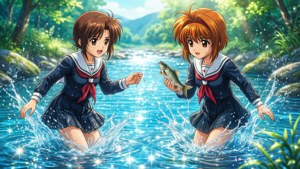 Clannad dango har det sjovt i en funklende flod.