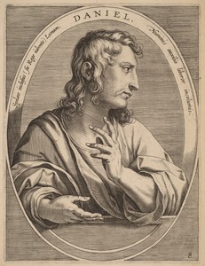 Daniel by Theodoor Galle, created published 1613, in engraving on laid paper. Download this artwork as a high-resolution wallpaper for desktop, tablet, or mobil — Theodoor Galle Wallpaper