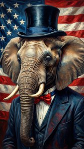 Klassisk oljemaleri av elefant i topplue med amerikansk flagg